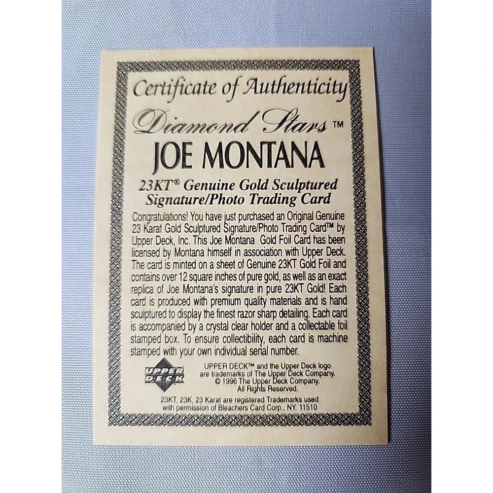 1995 Joe Montana COA Upper Deck 23KT Gold Diamond Stars w/Box & Serial #3227
